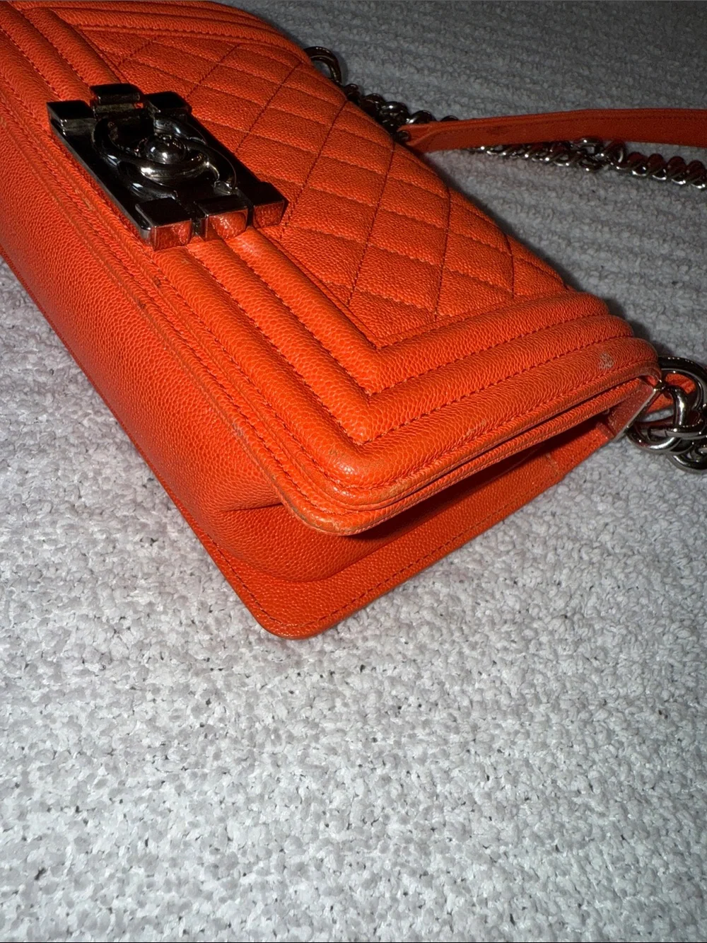 CHANEL Orange Quilted Boy Bag with Silver Chain